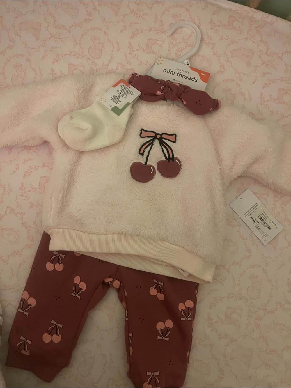 Petit Lem Girls Pink Cream Cherry Plush Matching Set